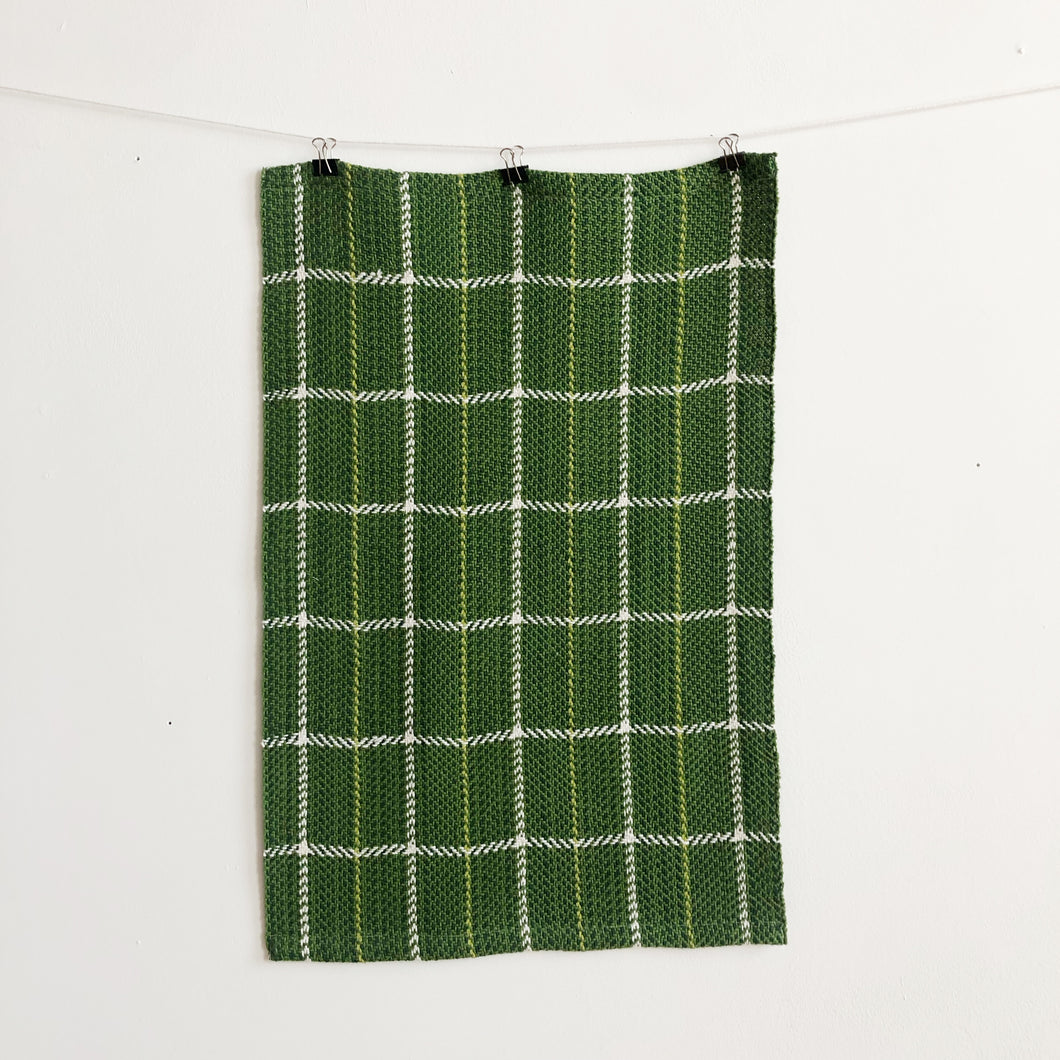 a handwoven green checked teatowel hangs on a clothesline in front of a white wall