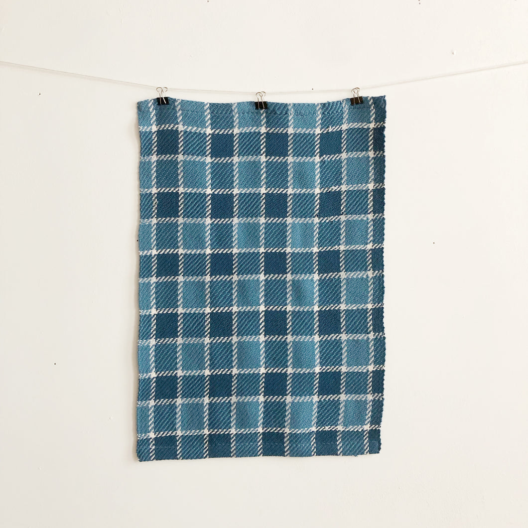 a handwoven blue checked teatowel hangs on a clothesline in front of a white wall